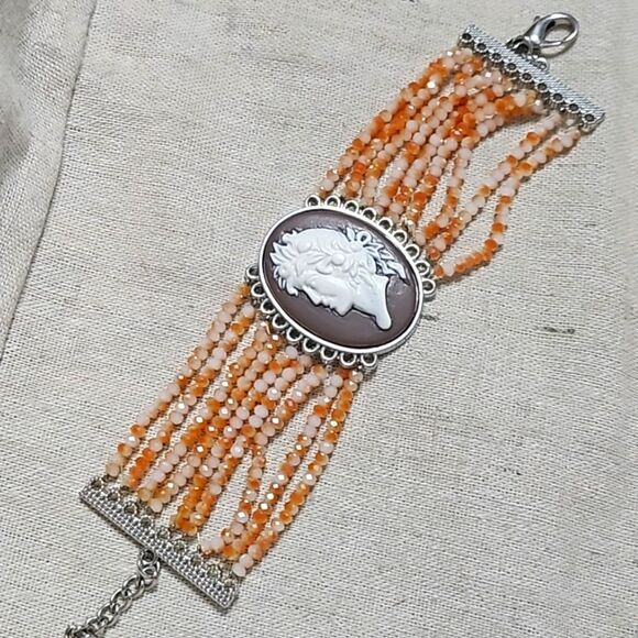 Hand Crafted Jewelry - Vintage Antique Silver Lava Cameo Gemstone Bracelet OOAK